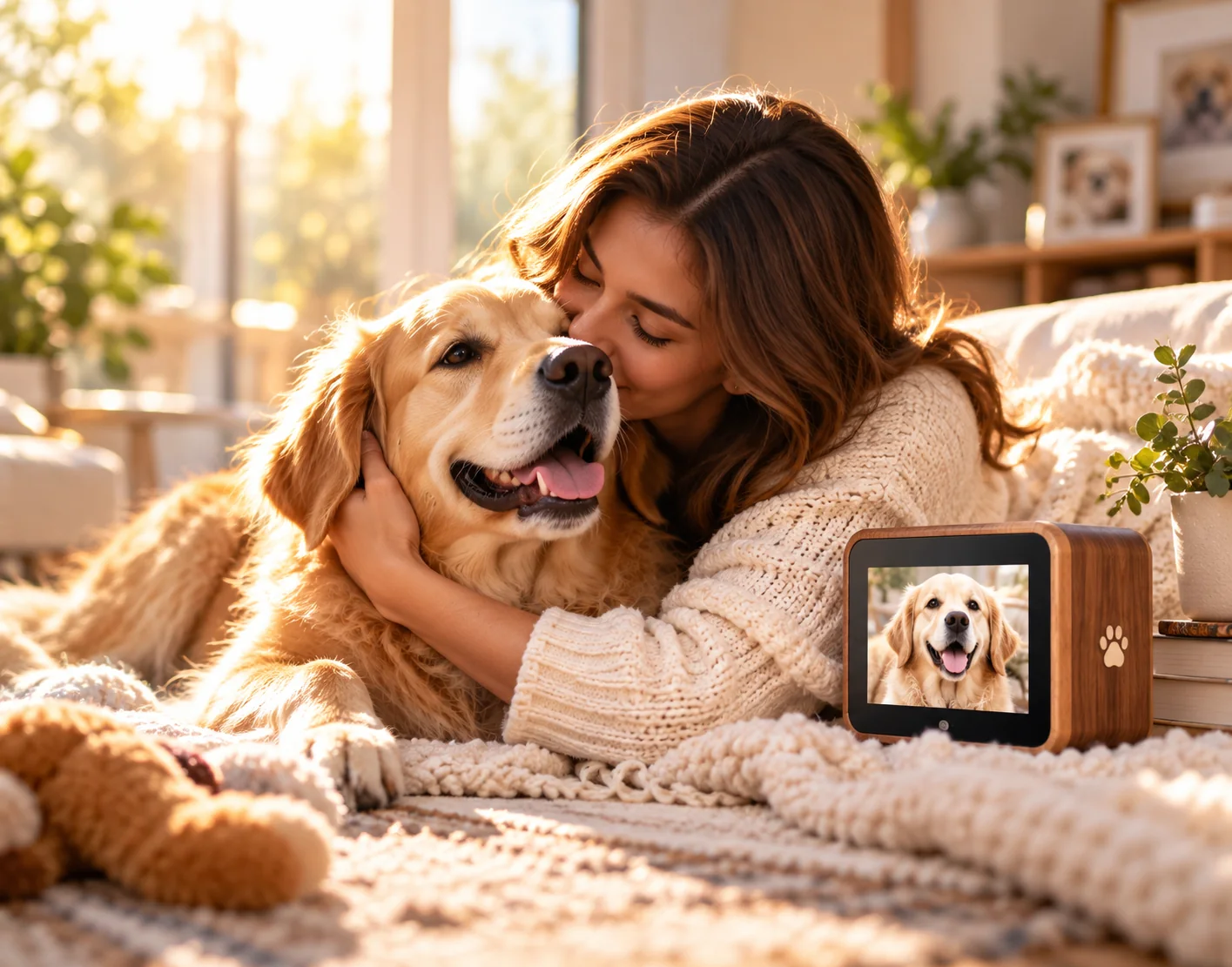 Woman embracing a golden retriever in a warm living room